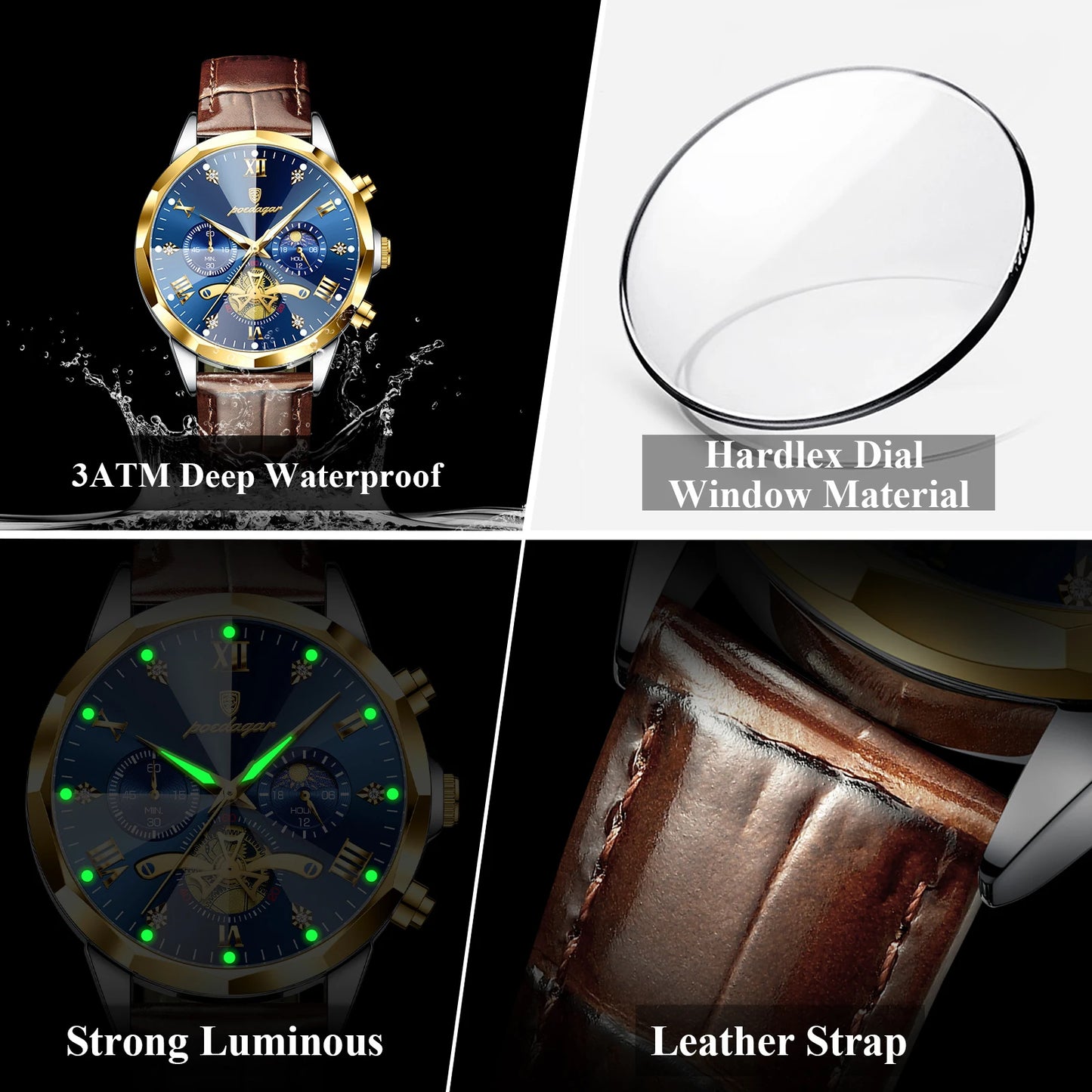 Men’s Leather Chronograph Watch Quartz Waterproof