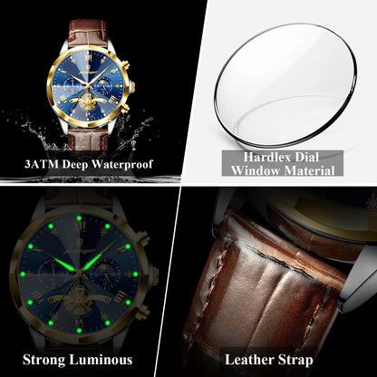 Men’s Leather Chronograph Watch Quartz Waterproof