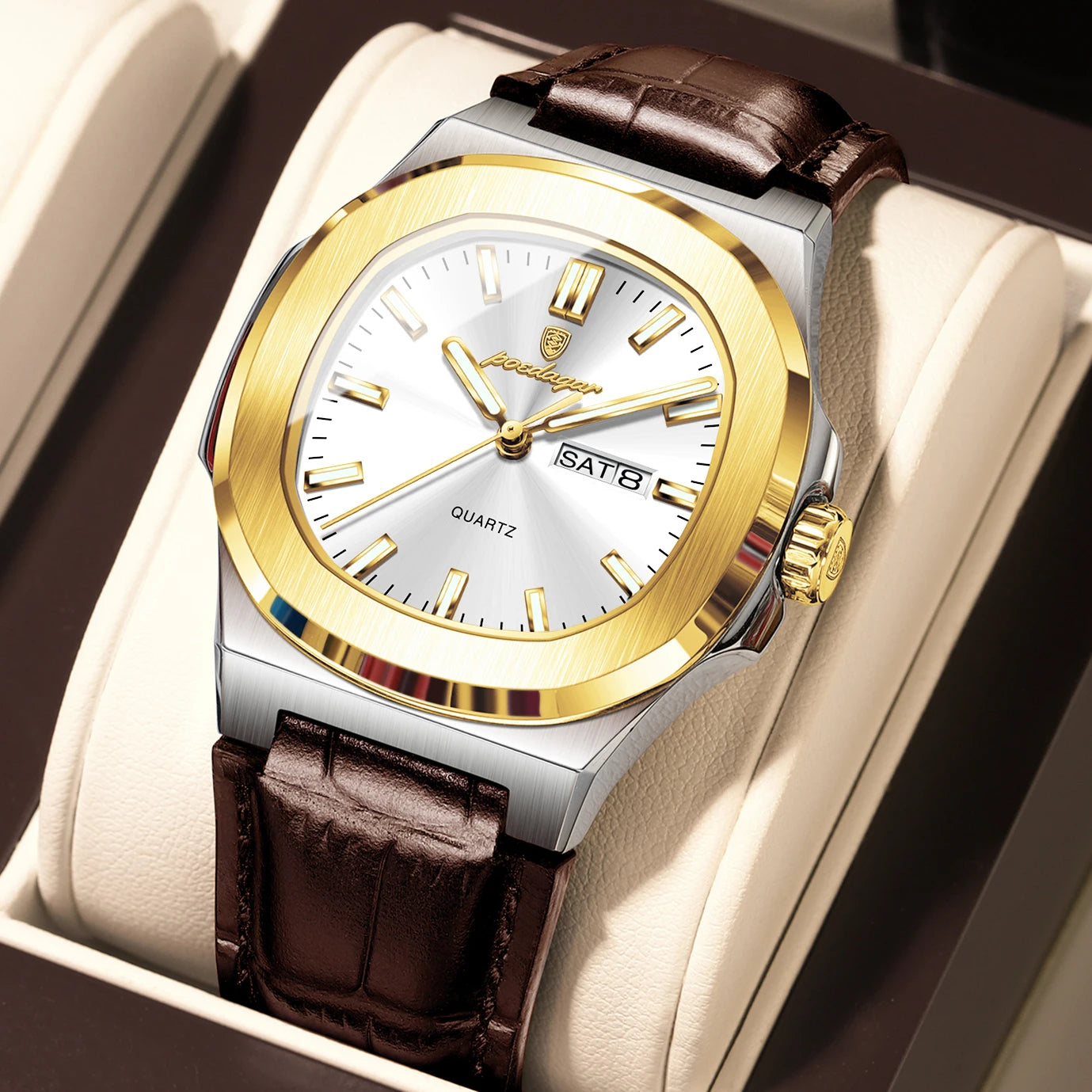 Men’s Square Quartz Watch With Leather Strap