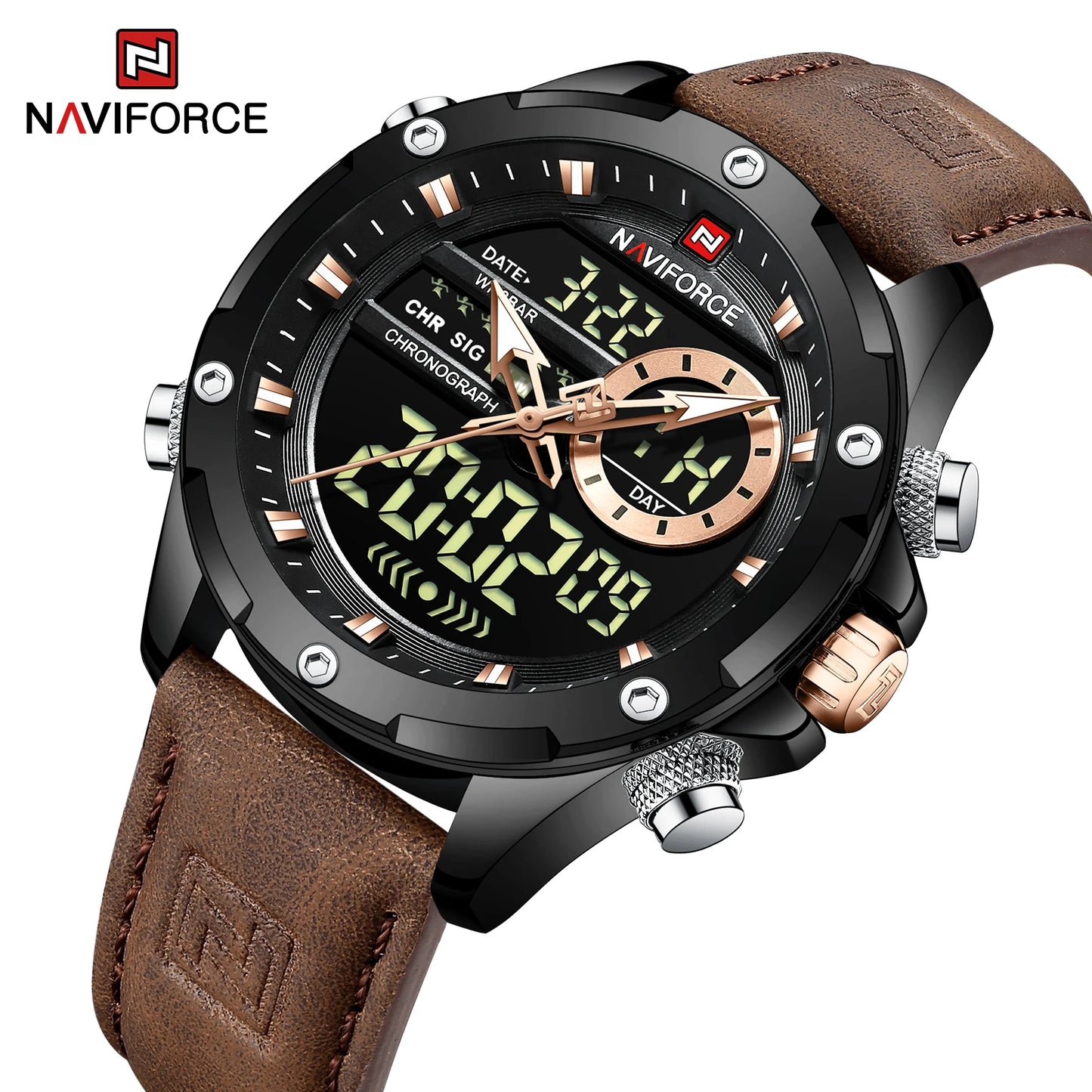 Men’s Analog Digital Chronograph Watch Leather Strap