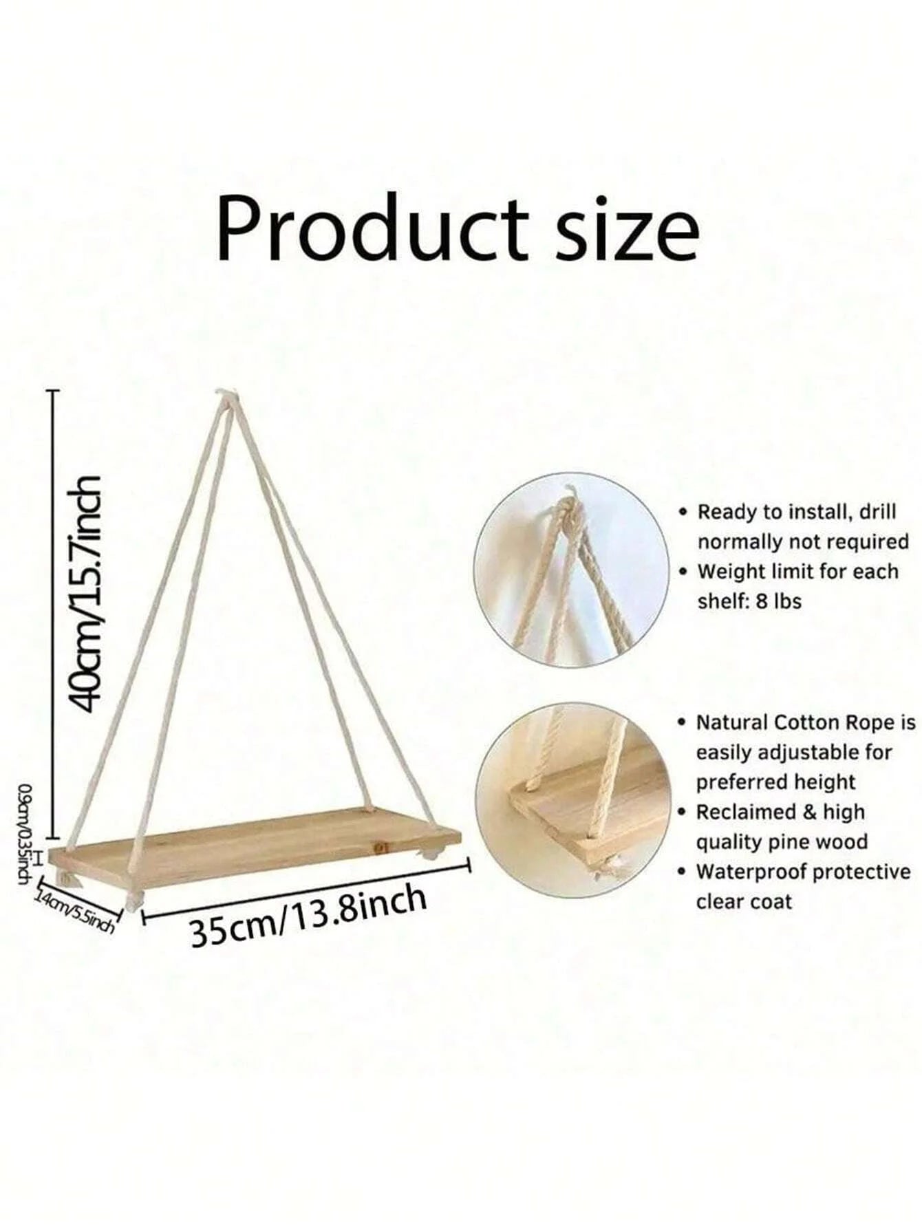 Wooden Hanging Rope Shelf for Wall Plants & Decor