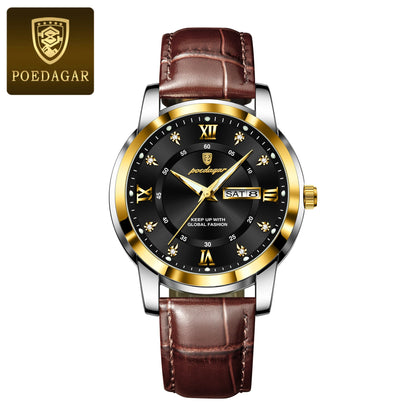Men’s Leather Quartz Watch With Date & Week Display