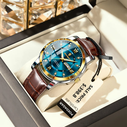 Men’s Leather Quartz Watch With Date & Week Display