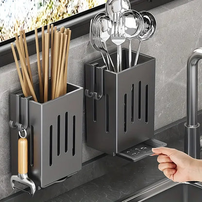 Wall-Mounted Cutlery Holder – Drain Tray & Hook Storage