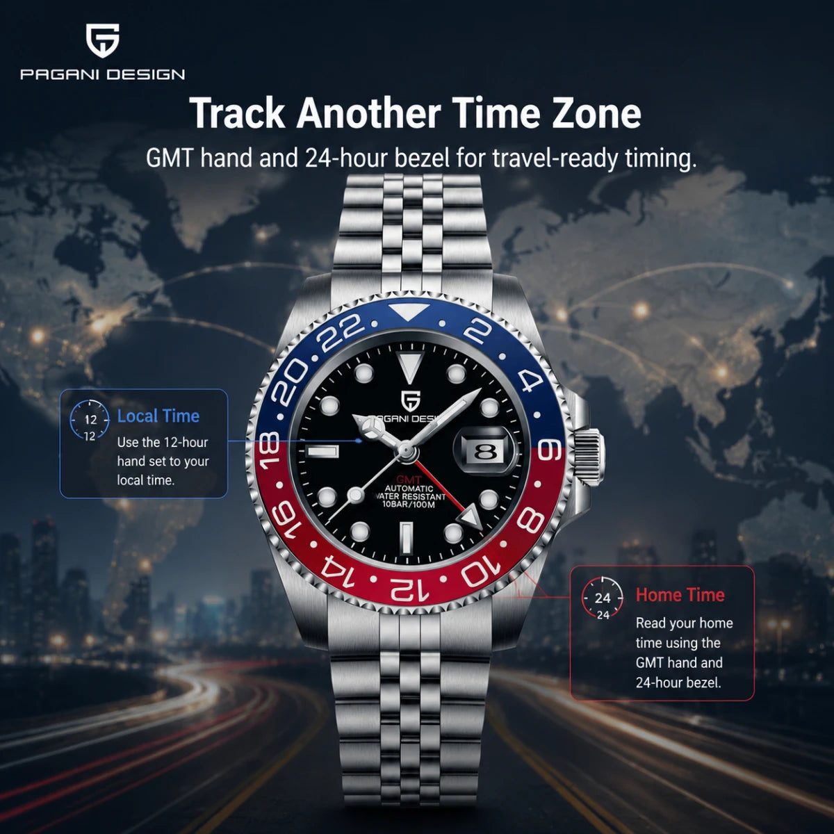 Men's Mechanical GMT Watch Sapphire Crystal 100m