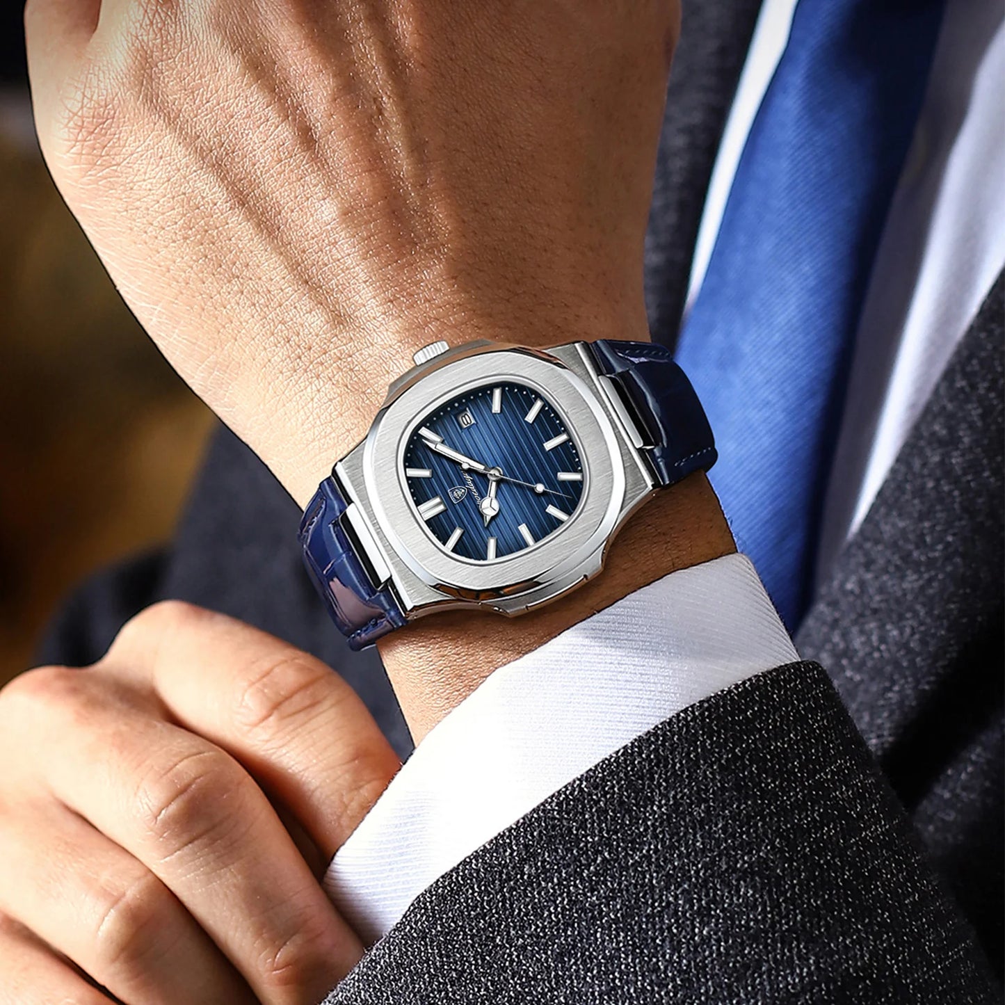 Men’s Square Quartz Watch With Leather Strap