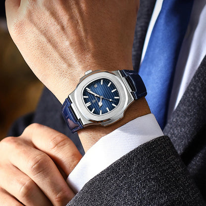 Men’s Square Quartz Watch With Leather Strap