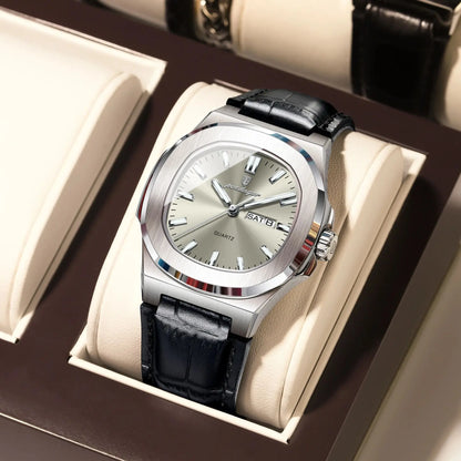 Men’s Square Quartz Watch With Leather Strap