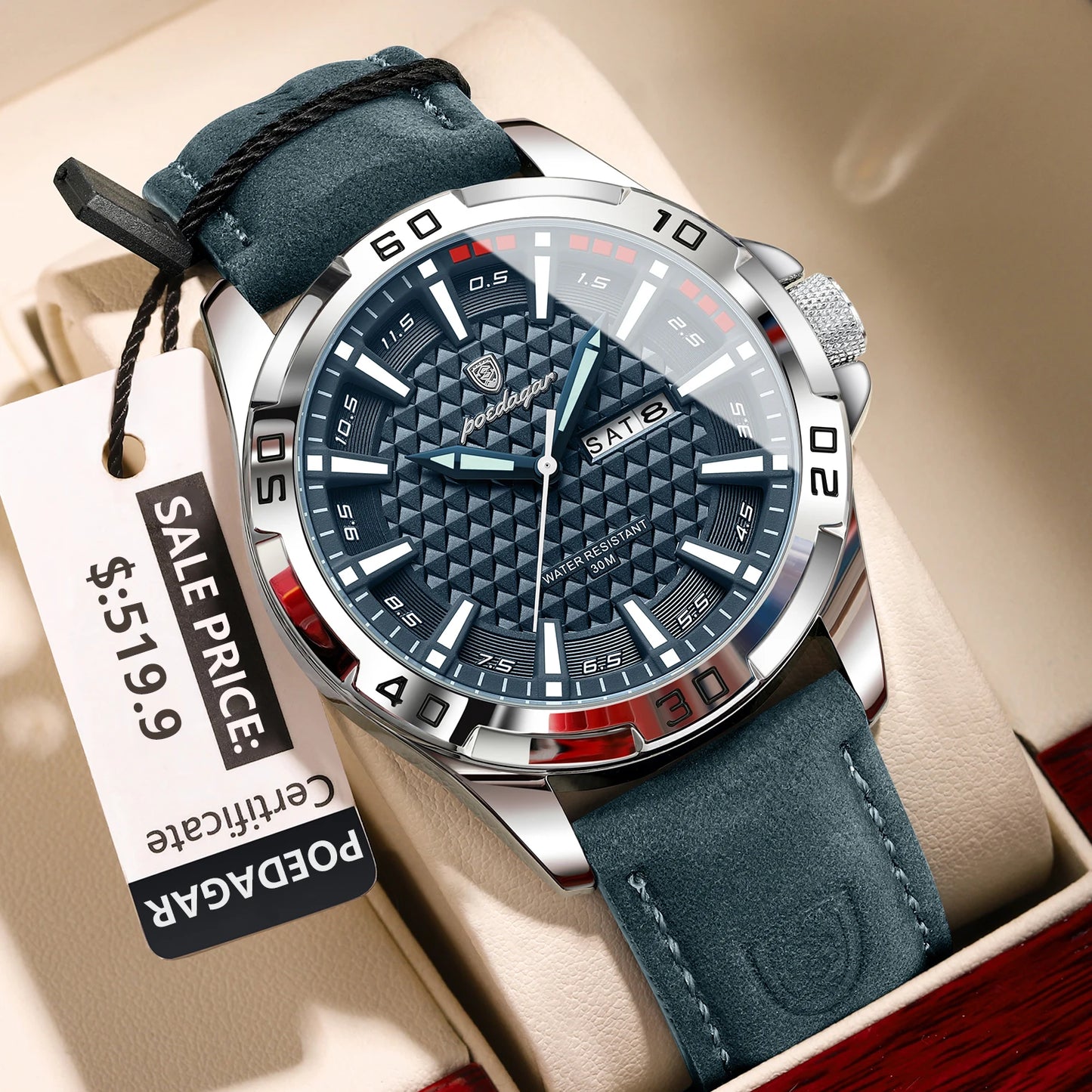 Men’s Leather Quartz Watch With Date & Week Display