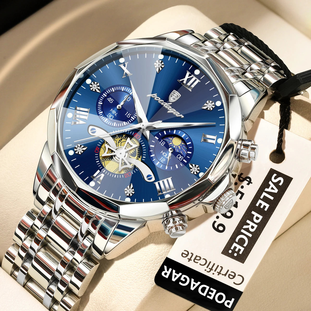 Men's Stainless Steel Chronograph Watch With Luminous Dial