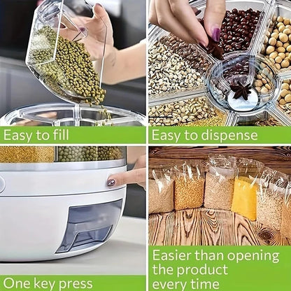 360° Rotating 6-Grid Grain Dispenser – Airtight Food Storage