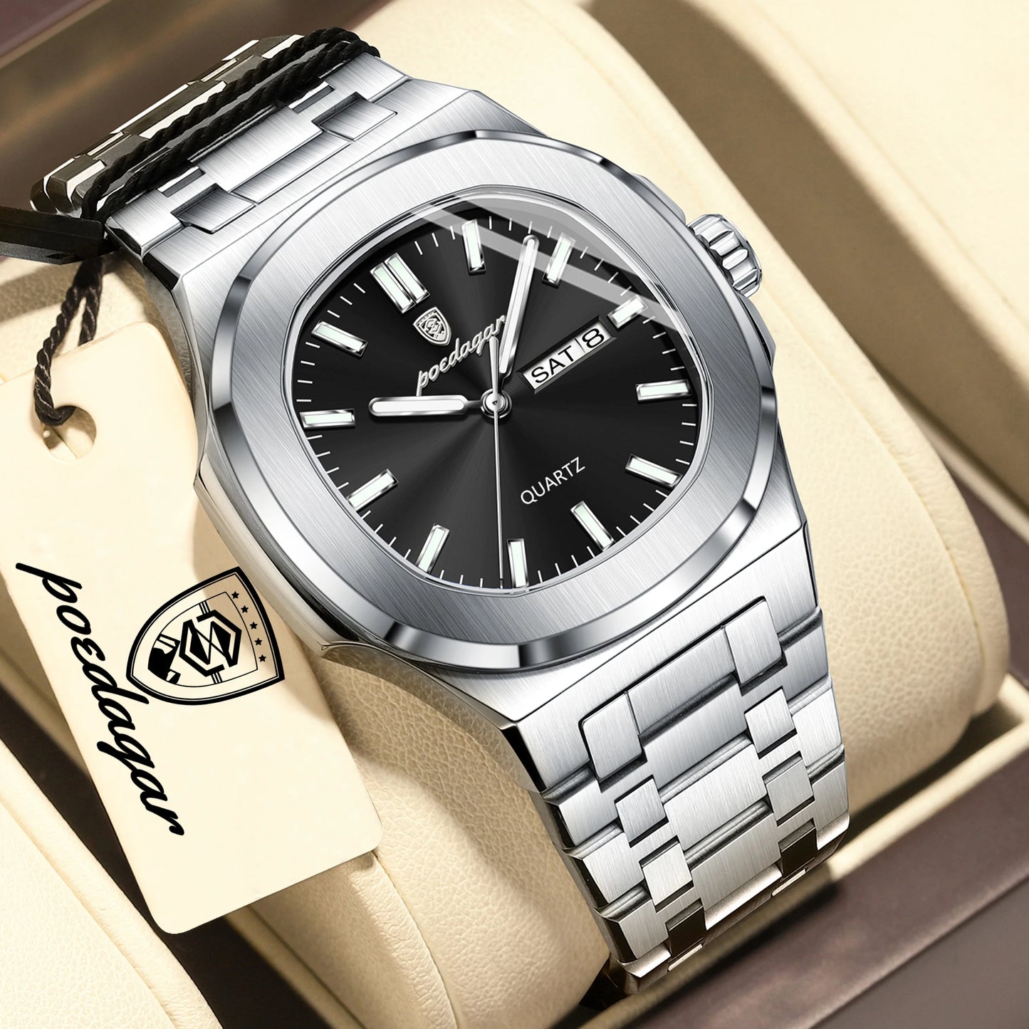 Square Stainless Steel Men’s Watch – Luminous & Date