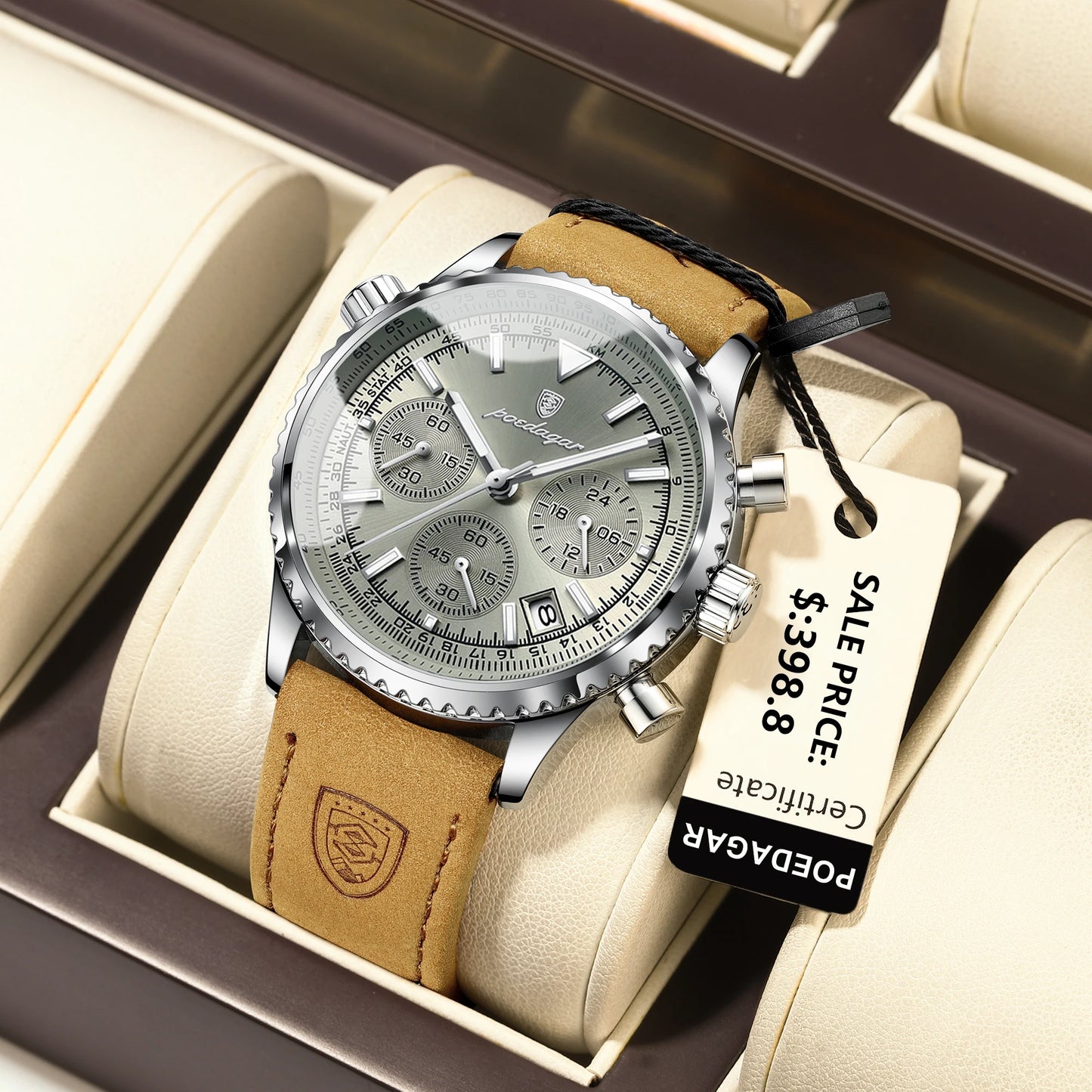 Men's Chronograph Leather Watch – Luminous & 3ATM