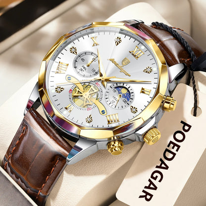 Men’s Leather Chronograph Watch Quartz Waterproof