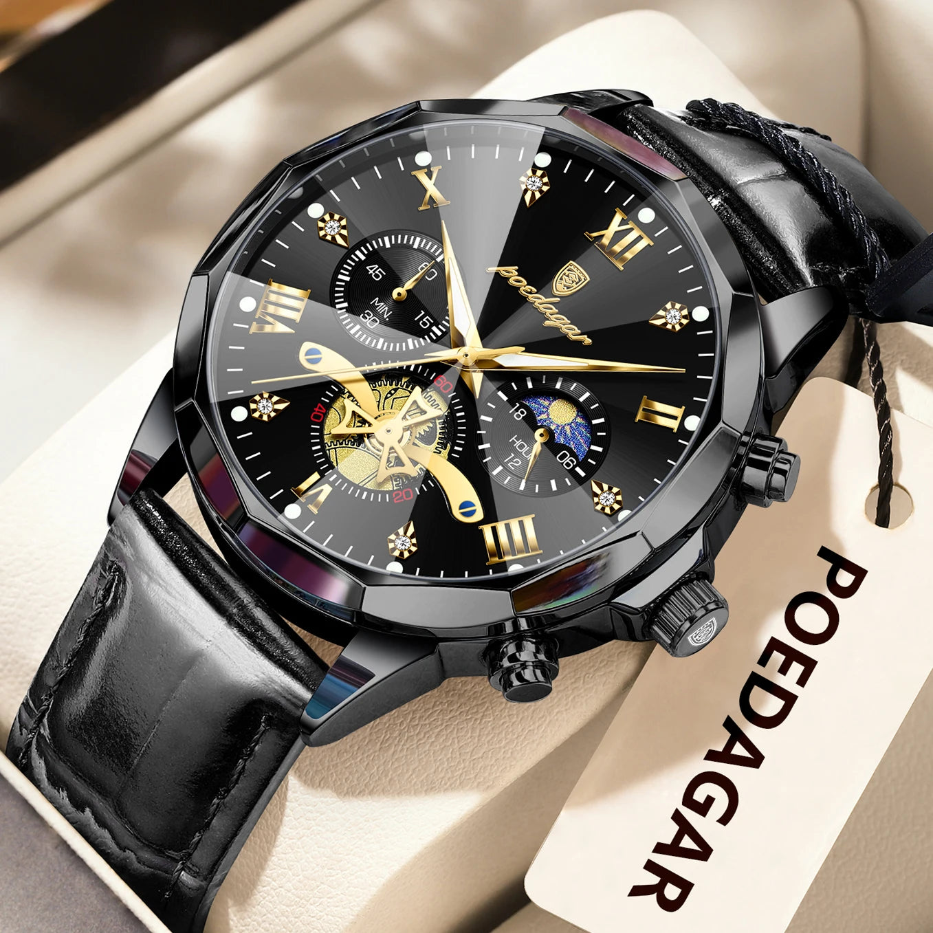 Men’s Leather Chronograph Watch Quartz Waterproof