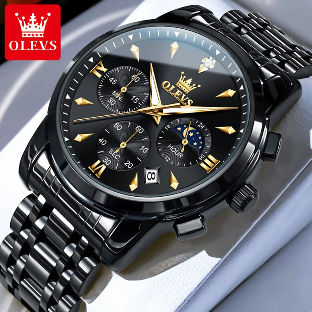 Men’s Stainless Steel Quartz Watch With Moon Phase