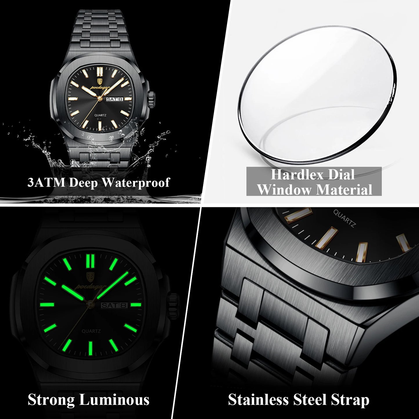 Men's Square Stainless Steel Watch – Waterproof & Luminous