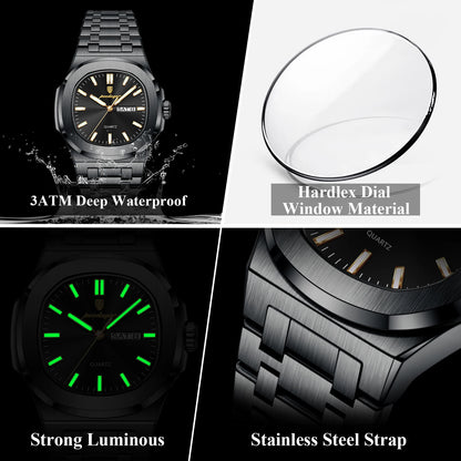 Men's Square Stainless Steel Watch – Waterproof & Luminous