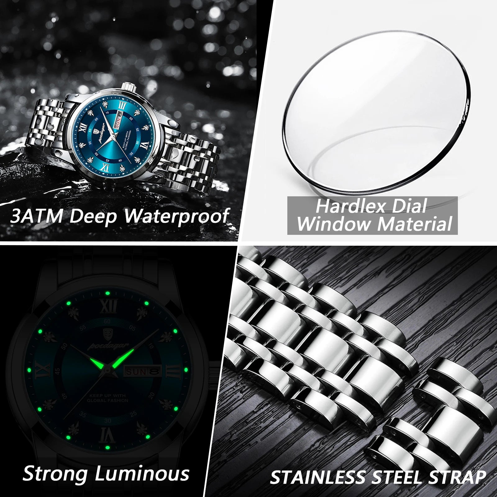 Men's Stainless Steel Quartz Watch – Luminous, Waterproof