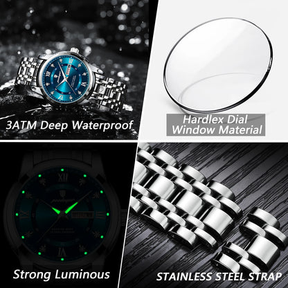 Men's Stainless Steel Quartz Watch – Luminous, Waterproof