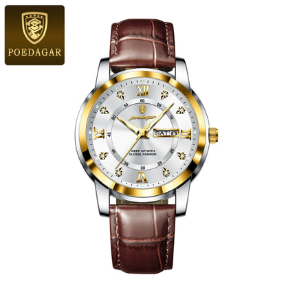 Men’s Leather Quartz Watch With Date & Week Display