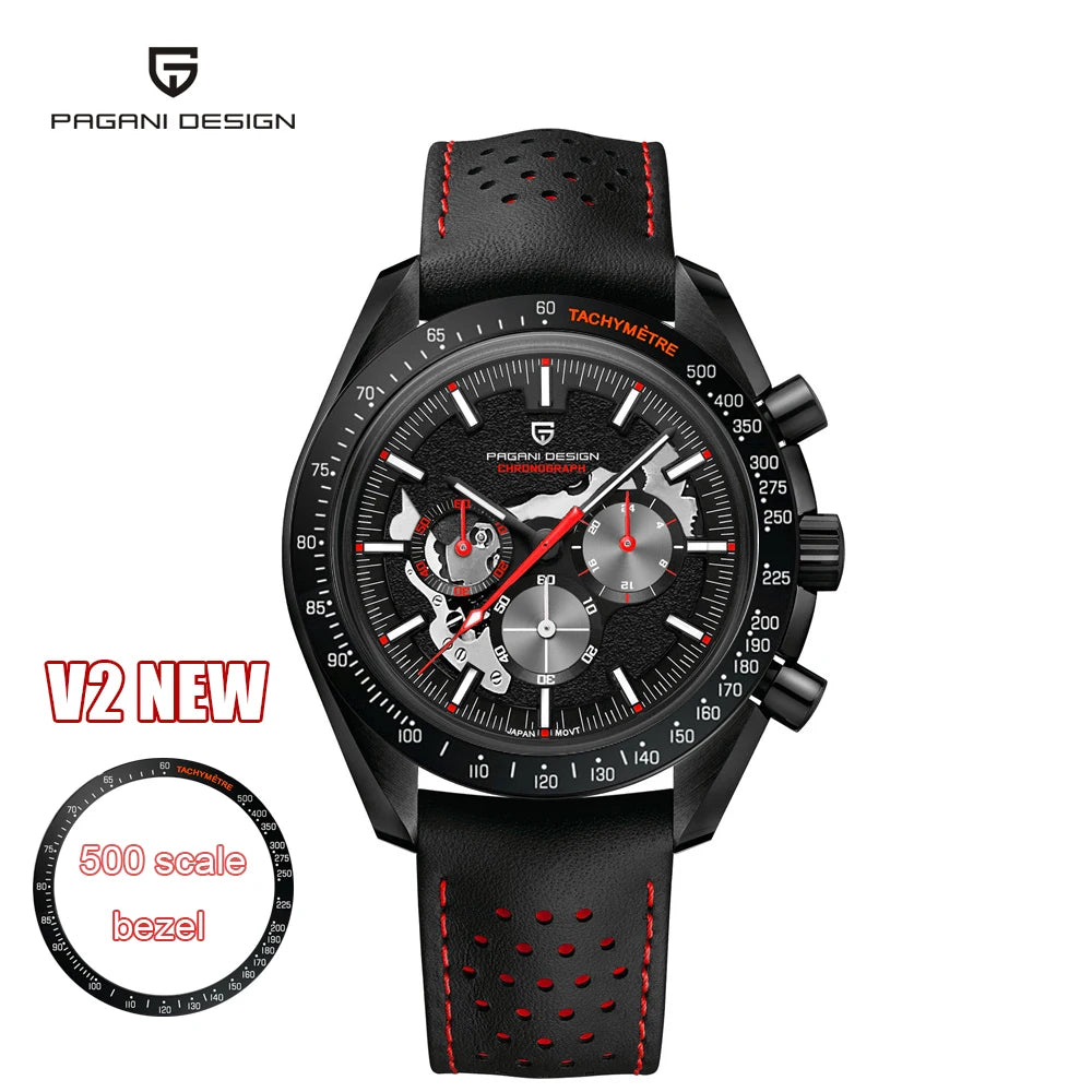 Men’s Black Chronograph Watch Quartz, Leather & Sapphire