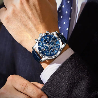 Men’s Quartz Chronograph Watch Leather Strap Waterproof