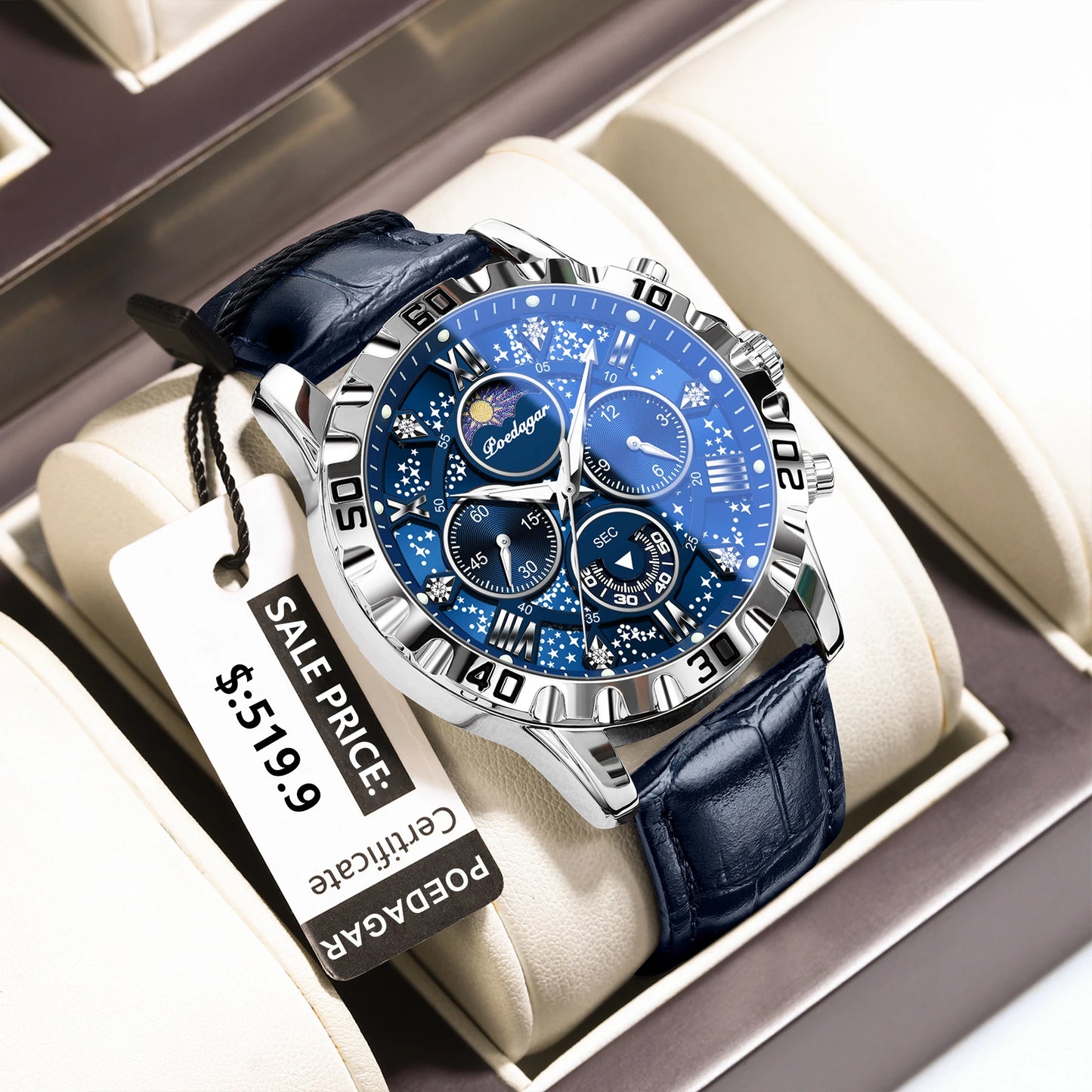 Men’s Quartz Chronograph Watch Leather Strap Waterproof