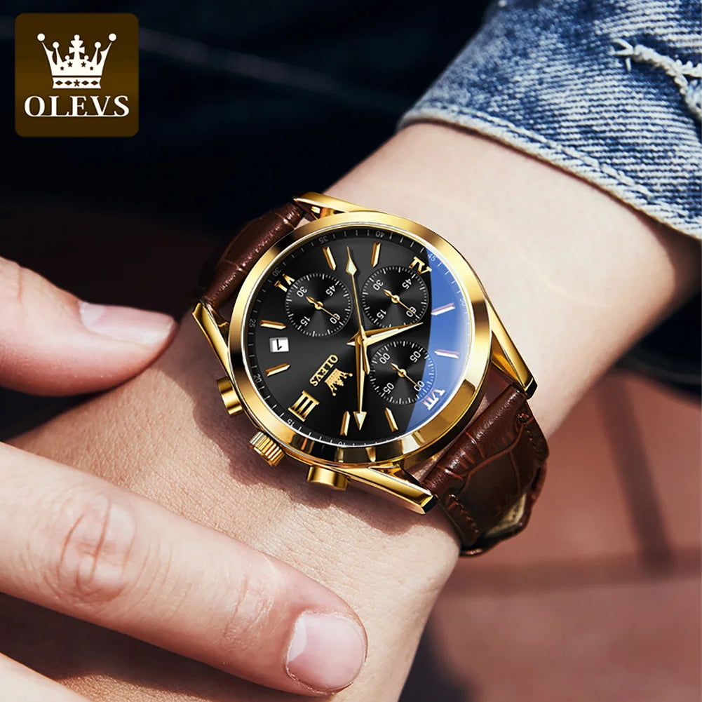 Men's Leather Chronograph Watch Luminous & Waterproof