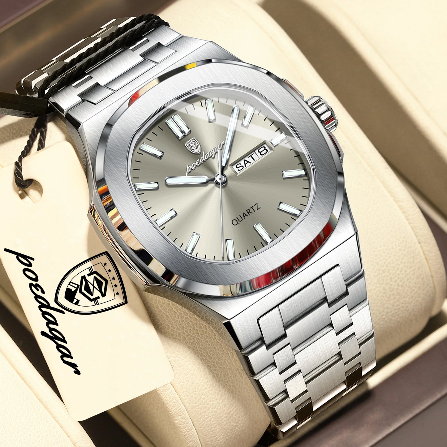 Square Stainless Steel Men’s Watch – Luminous & Date