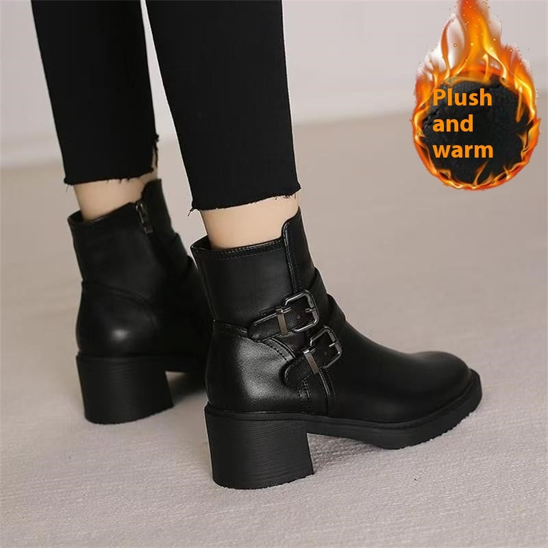 Round Toe Mid-Heel Black Boots