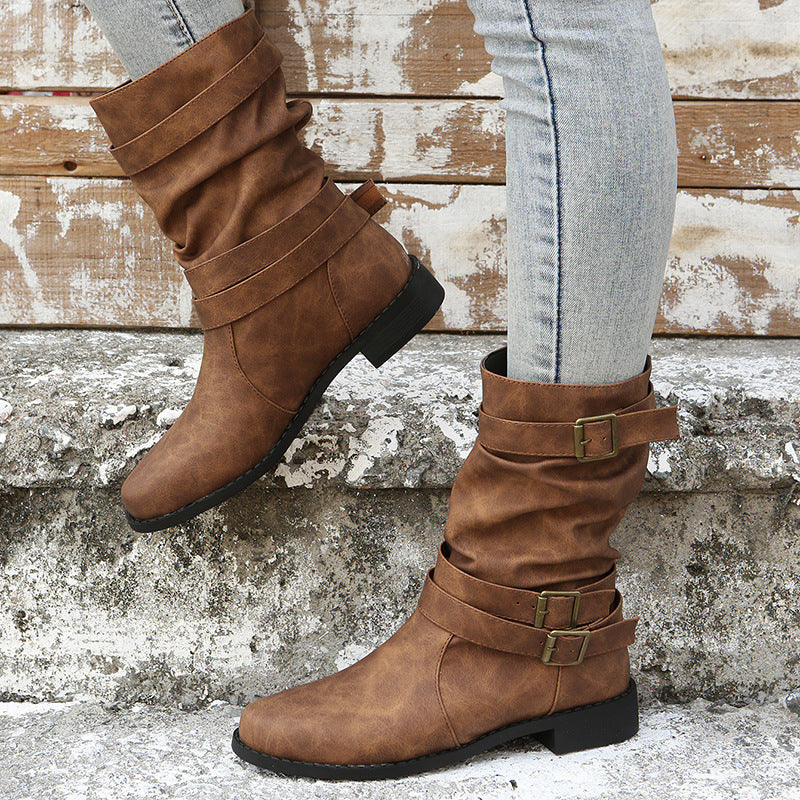 Vintage Low Heel Buckle Boots