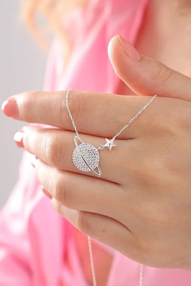 Saturn Silver Zircon Necklace