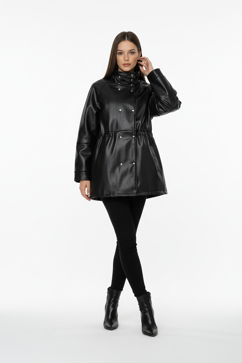 Mid-Length Leather Jacket Black