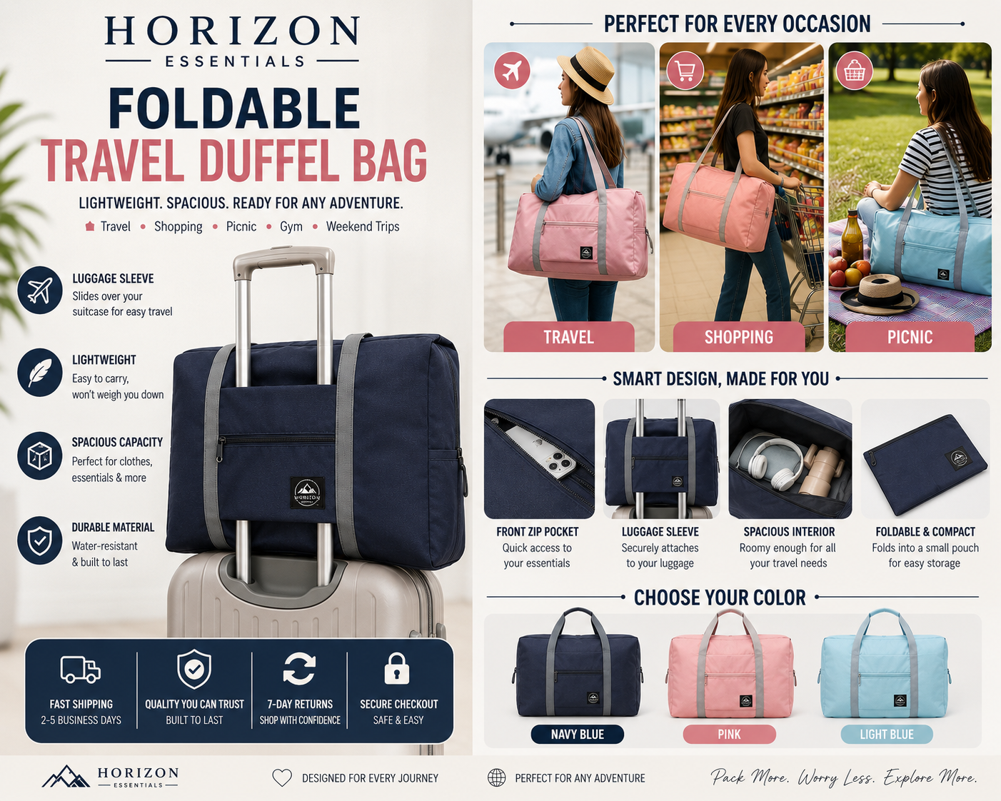 Horizon™ Large Capacity Foldable Travel Bag | Expandable Waterproof Lightweight Carry-On Luggage