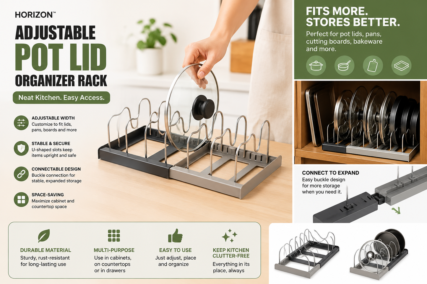 Horizon™ Adjustable Pot Lid Organizer Rack for Cabinets & Countertops