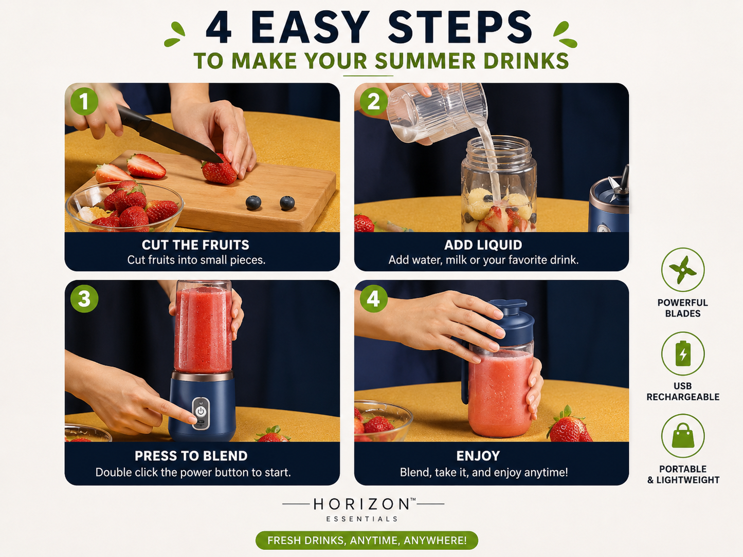 Horizon™ Portable USB Blender Bottle 400ml – Rechargeable Personal Smoothie Maker