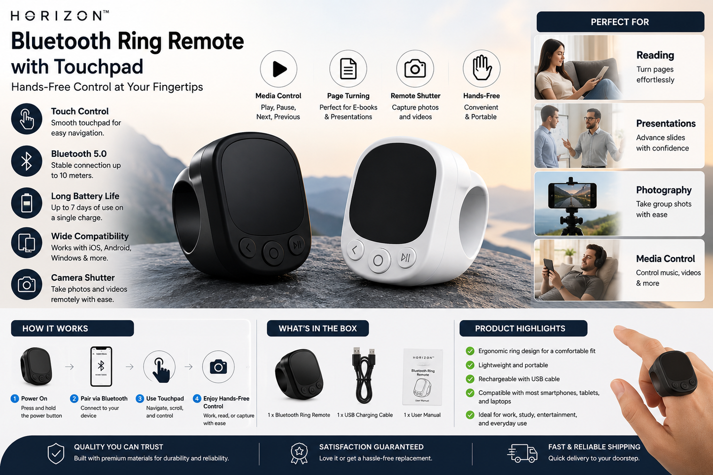 Horizon™ Bluetooth Ring Remote with Touchpad for Smartphones & Tablets