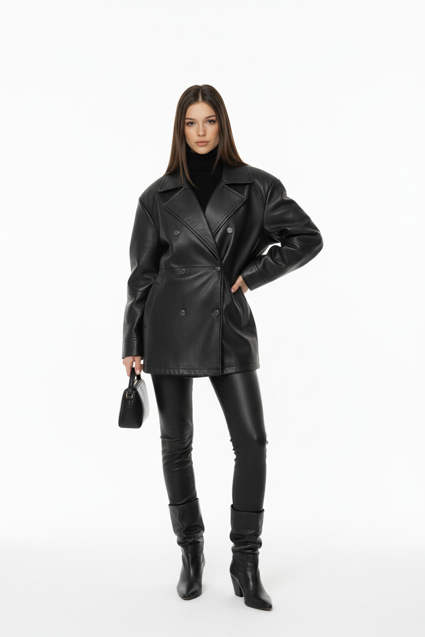 Mid-Length Leather Jacket Black