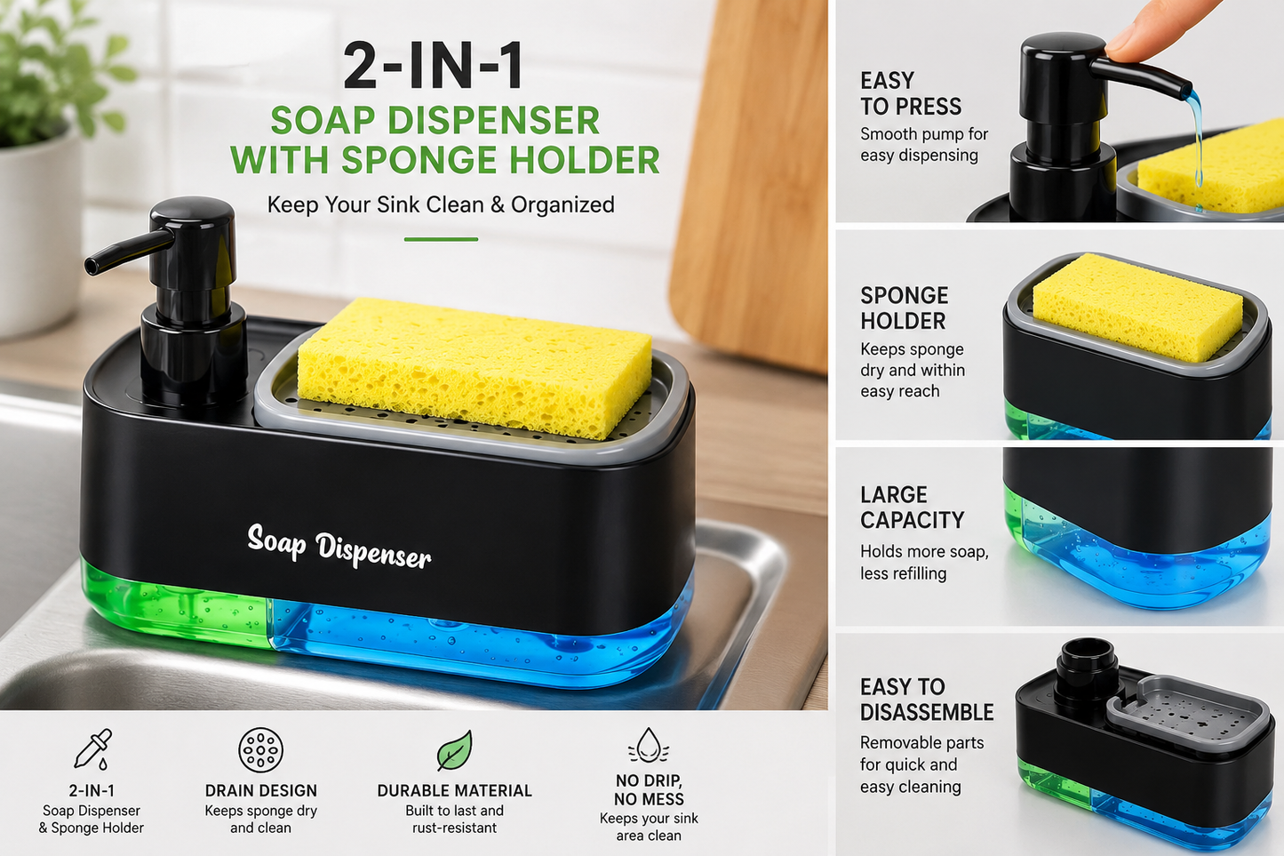 Horizon™ 3-in-1 Kitchen Soap Dispenser with Sponge Holder | Dual Pump Hand & Dish Soap Organizer