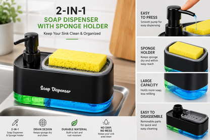 Horizon™ 3-in-1 Kitchen Soap Dispenser with Sponge Holder | Dual Pump Hand & Dish Soap Organizer