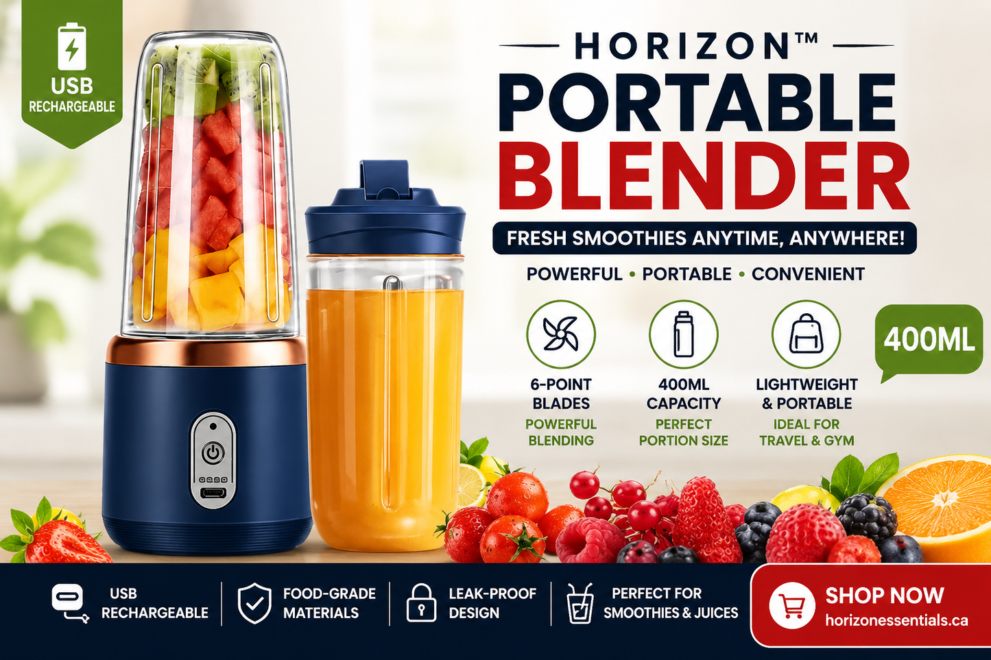 Horizon™ Portable USB Blender Bottle 400ml – Rechargeable Personal Smoothie Maker