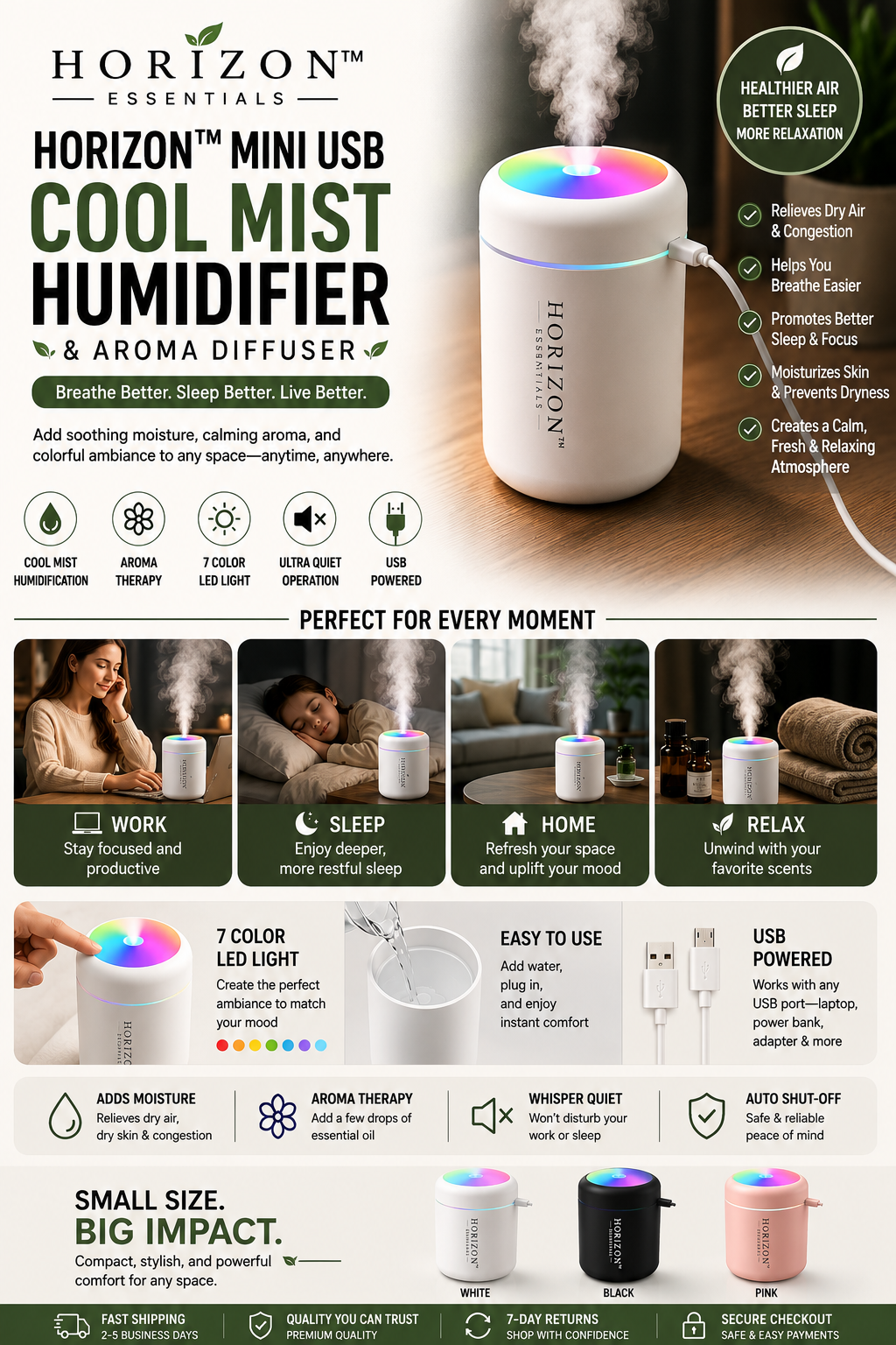 Horizon™ Mini USB Cool Mist Humidifier & Aroma Diffuser