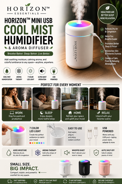 Horizon™ Mini USB Cool Mist Humidifier & Aroma Diffuser