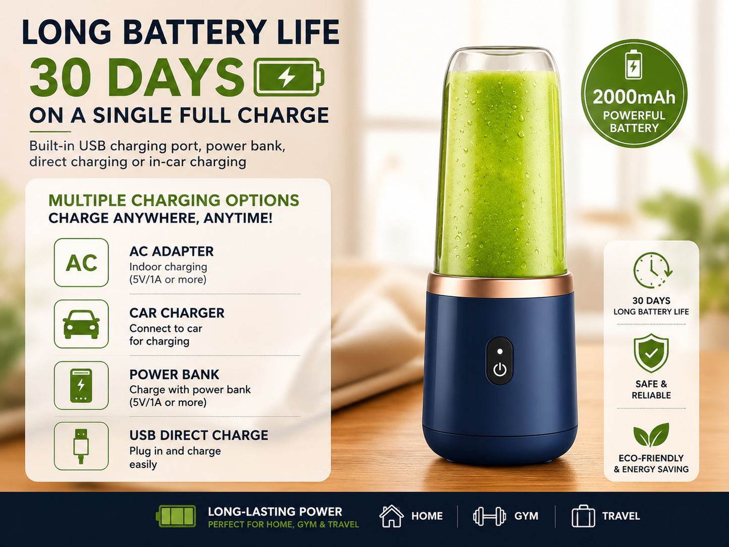 Horizon™ Portable USB Blender Bottle 400ml – Rechargeable Personal Smoothie Maker